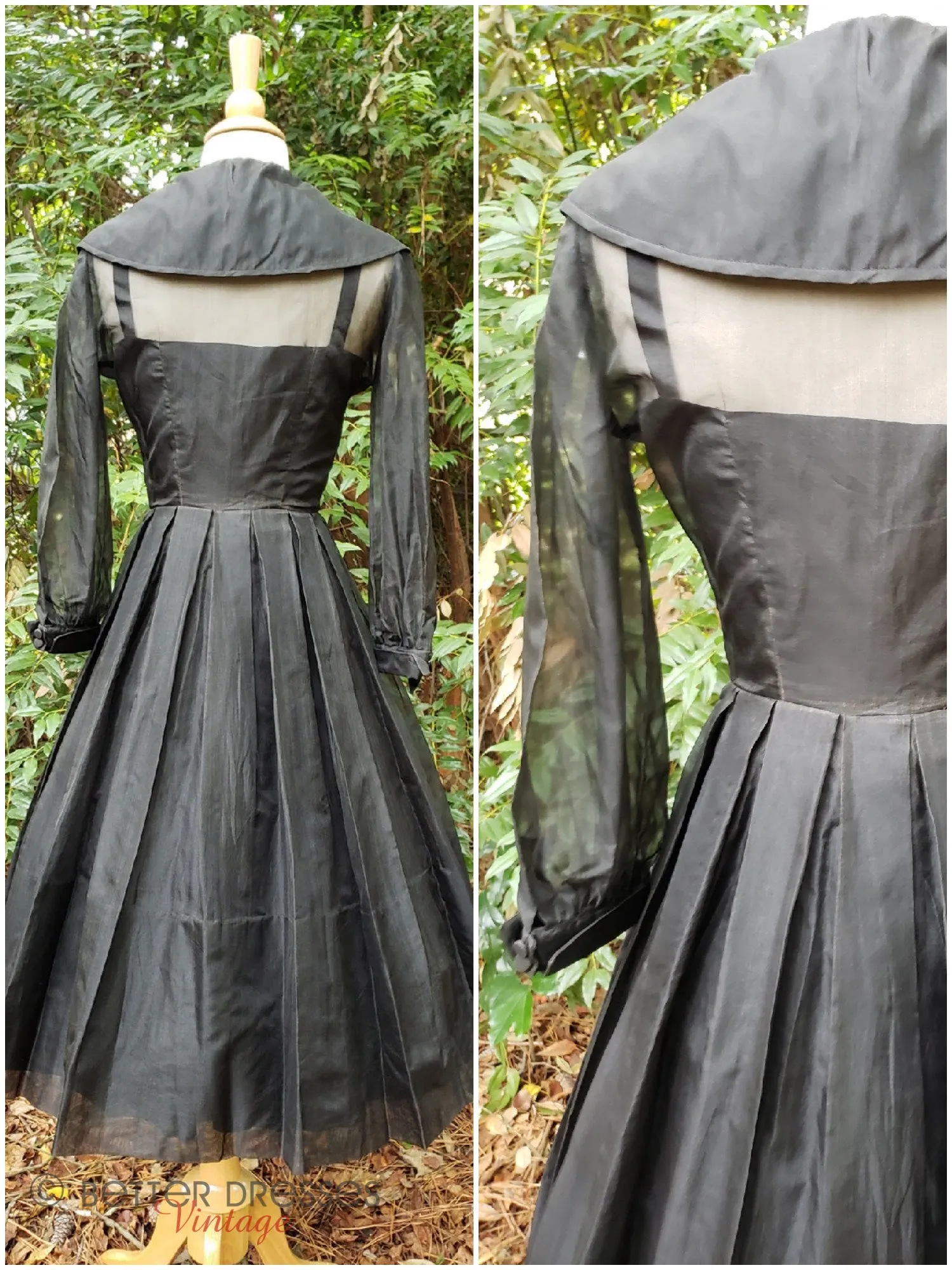 40s/50s Party Dress in Black Silk Organza - med