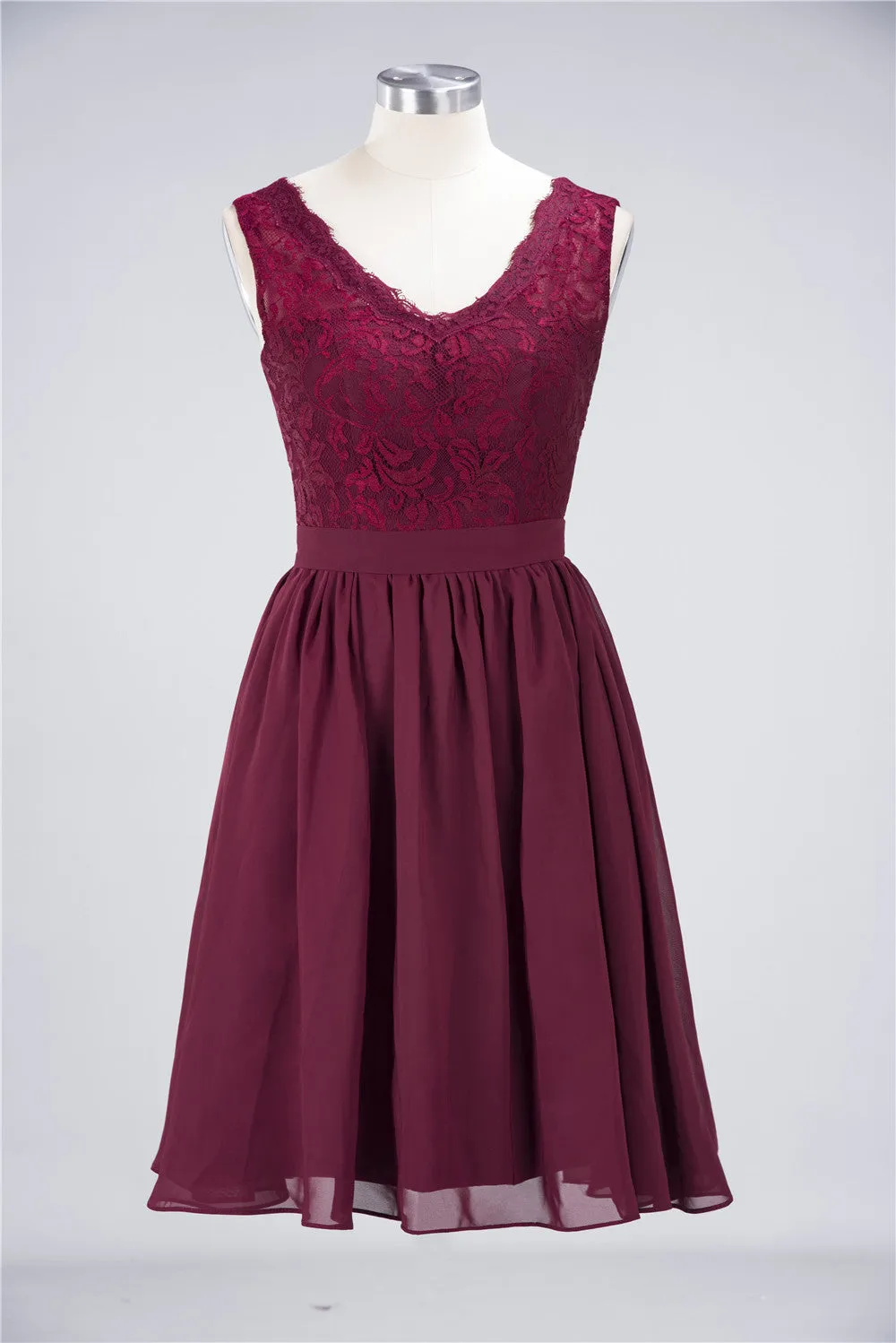 A-Line Chiffon Lace V-Neck Sleeveless Short Bridesmaid Dress with Ruffles