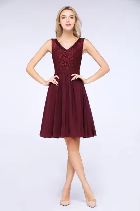 A-Line Chiffon Lace V-Neck Sleeveless Short Bridesmaid Dress with Ruffles