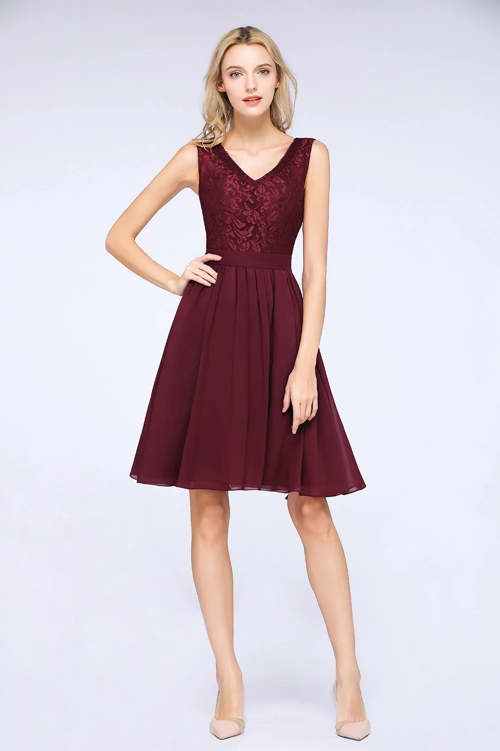 A-Line Chiffon Lace V-Neck Sleeveless Short Bridesmaid Dress with Ruffles