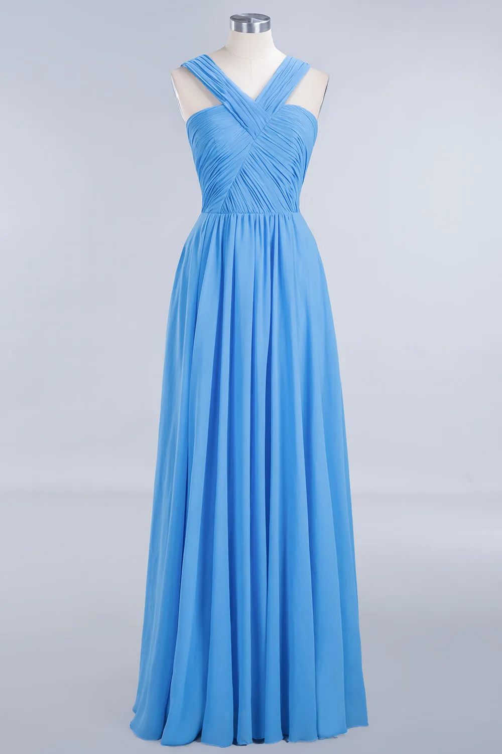 A-Line Chiffon Straps Backless Ruffles Long Bridesmaid Dresses