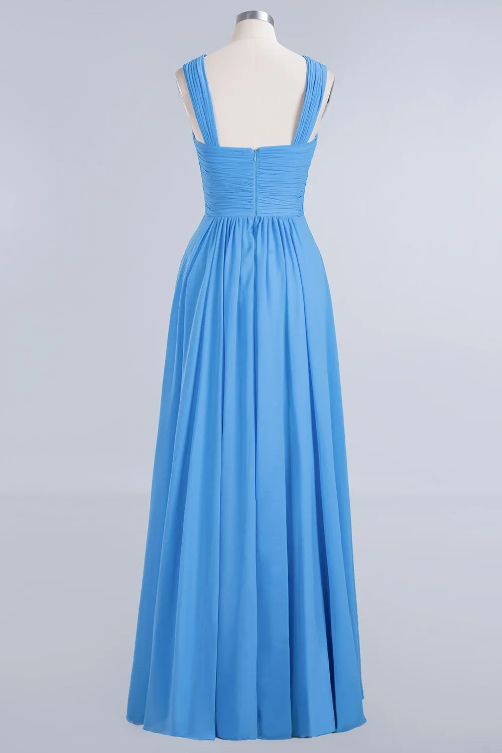 A-Line Chiffon Straps Backless Ruffles Long Bridesmaid Dresses