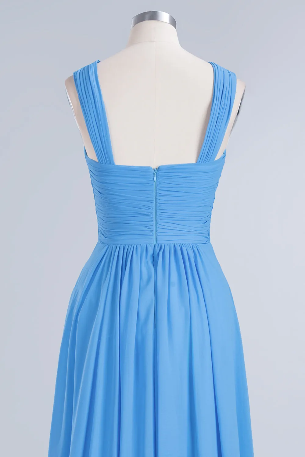 A-Line Chiffon Straps Backless Ruffles Long Bridesmaid Dresses