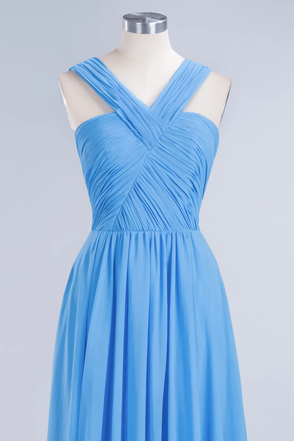 A-Line Chiffon Straps Backless Ruffles Long Bridesmaid Dresses