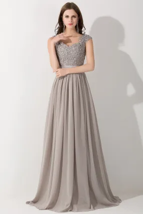 A-line Chiffon V-Neck Sleeveless Long Bridesmaid Dress with Appliques