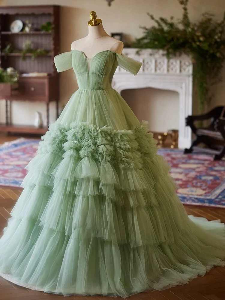 A-Line off Shoulder Tulle Green Long Prom Dress, Green Sweet 16 Dress