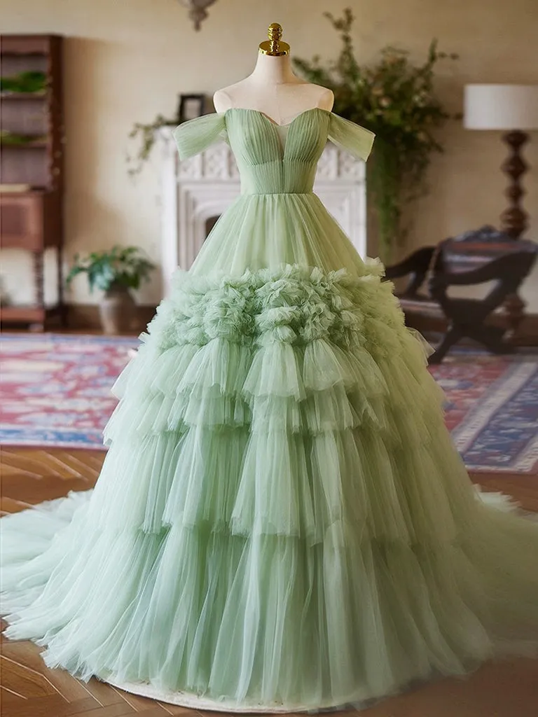 A-Line off Shoulder Tulle Green Long Prom Dress, Green Sweet 16 Dress