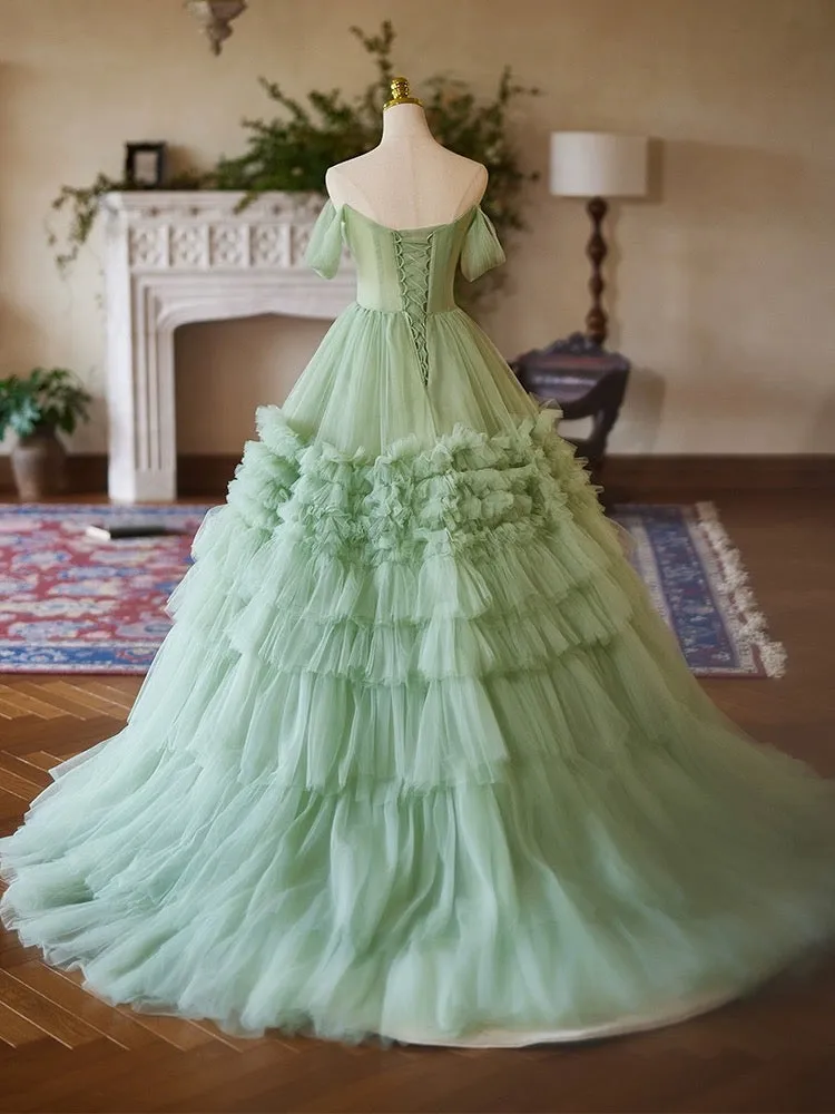 A-Line off Shoulder Tulle Green Long Prom Dress, Green Sweet 16 Dress