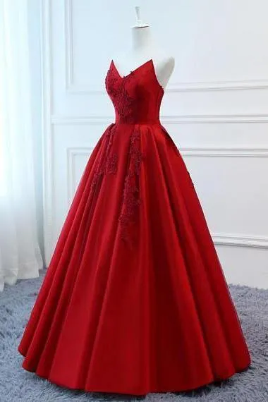 A Line Red Strapless Sweetheart Prom Dresses Satin Long Cheap Quinceanera Dresses