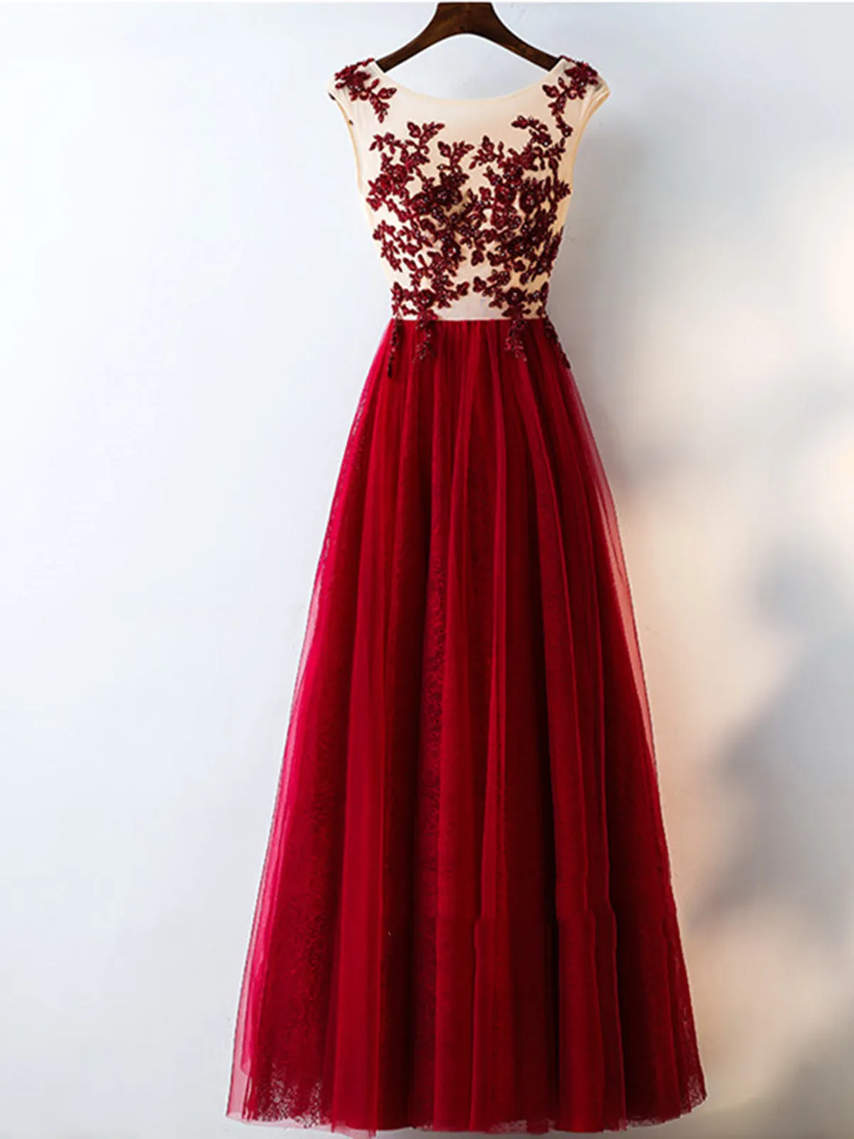 A Line Round Neck Lace Burgundy Prom Dress, Burgundy Formal Dress, Prom Gown