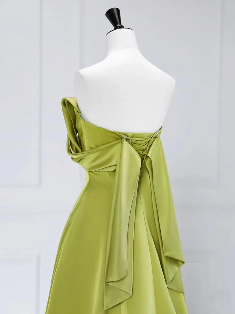 A-Line Satin Off Shoulder Green Long Prom Dress, Green Long Formal Dress