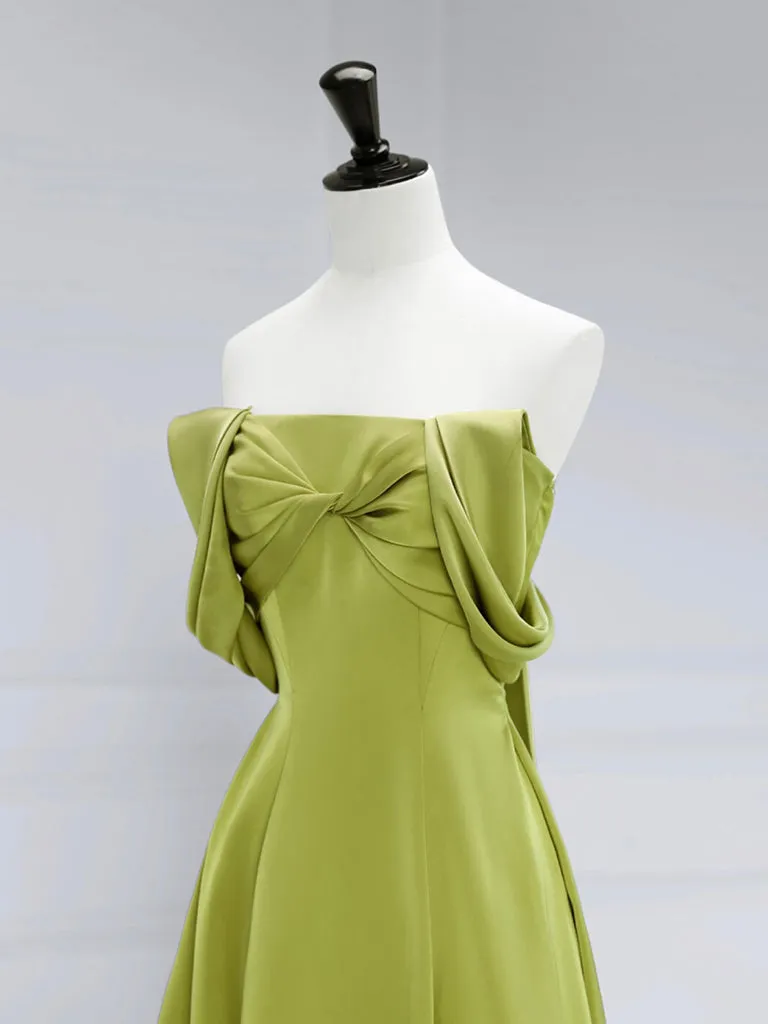 A-Line Satin Off Shoulder Green Long Prom Dress, Green Long Formal Dress