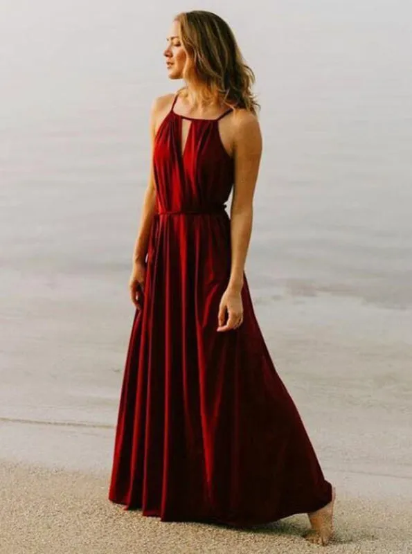 A-Line Square Neck Red Chiffon Bridesmaid Dress