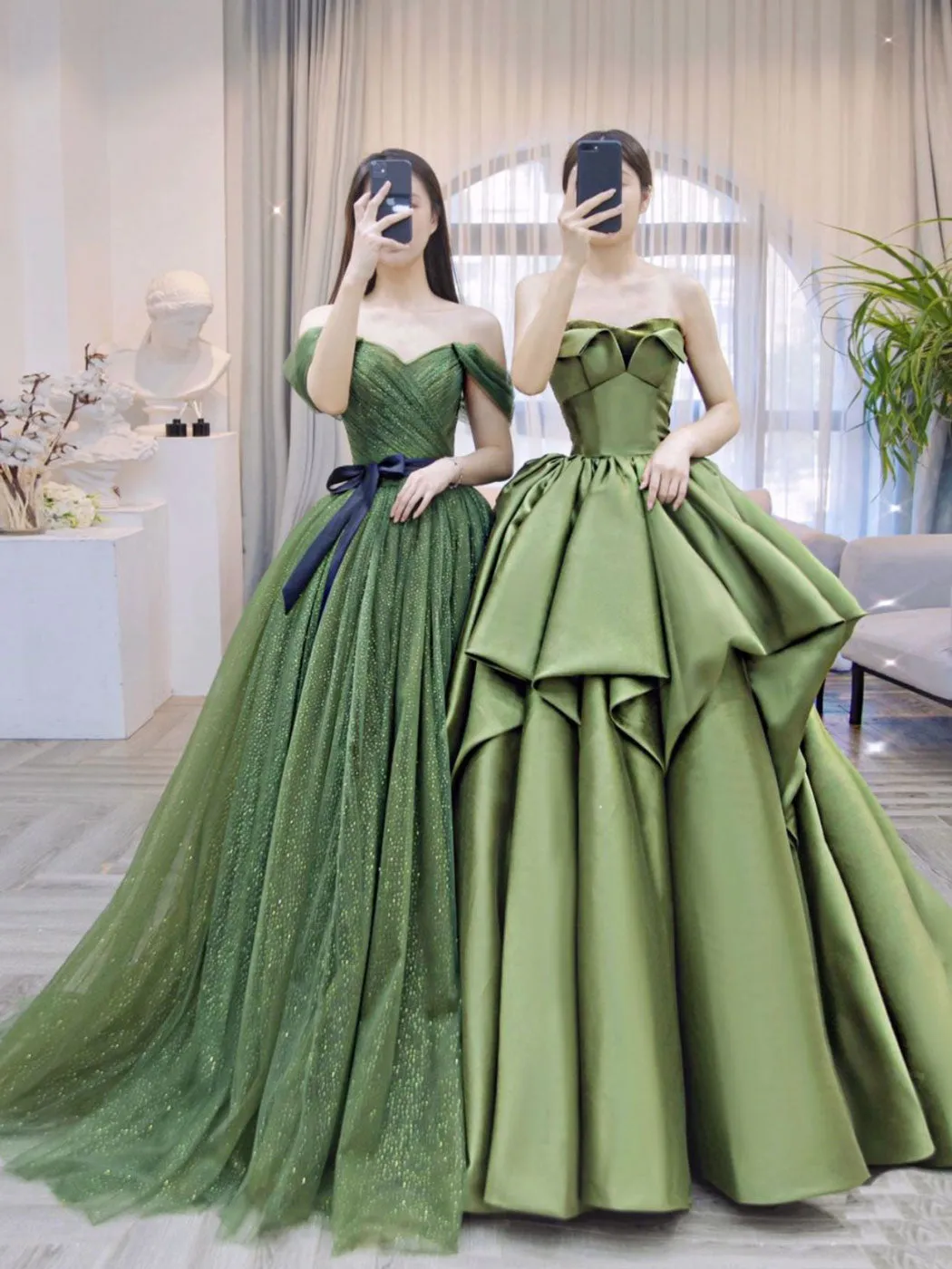 A-Line Tulle Off Shoulder Green Long Prom Dress, Green Formal Evening Dress