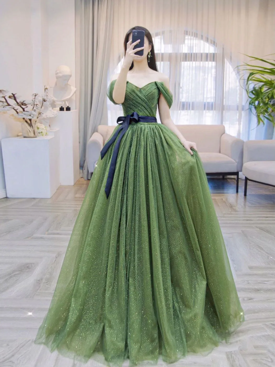 A-Line Tulle Off Shoulder Green Long Prom Dress, Green Formal Evening Dress