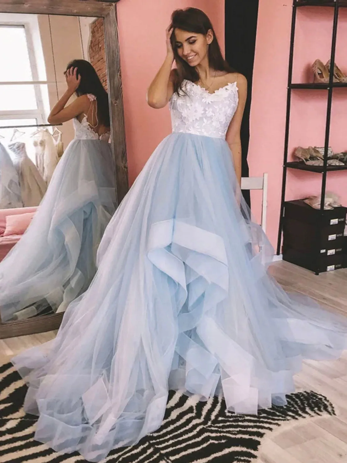 A line v neck tulle lace blue prom dress, lace formal blue evening dress