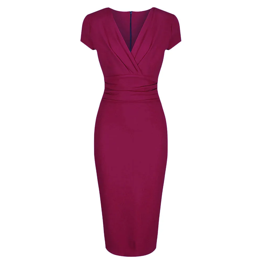 Amaranth Deep V Cap Sleeve Bodycon Ruched Waist Wiggle Dress