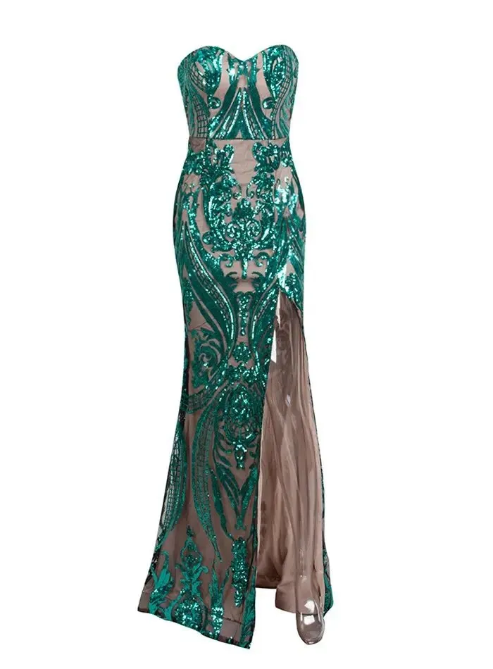 Anna - Green Sequins Bodycon Maxi Dress