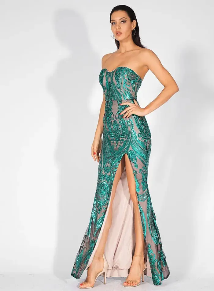 Anna - Green Sequins Bodycon Maxi Dress