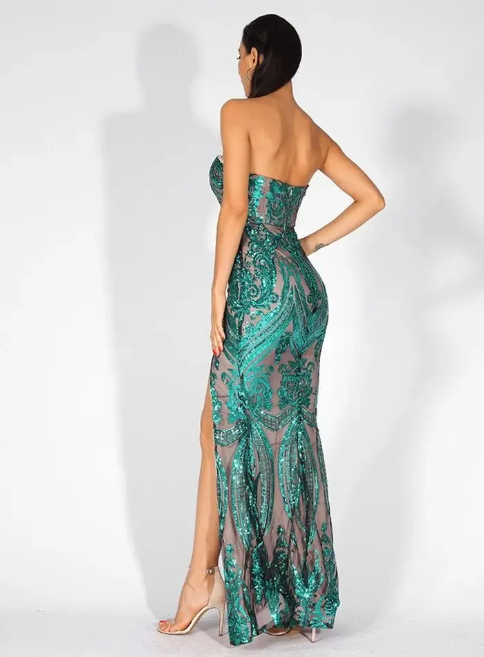 Anna - Green Sequins Bodycon Maxi Dress