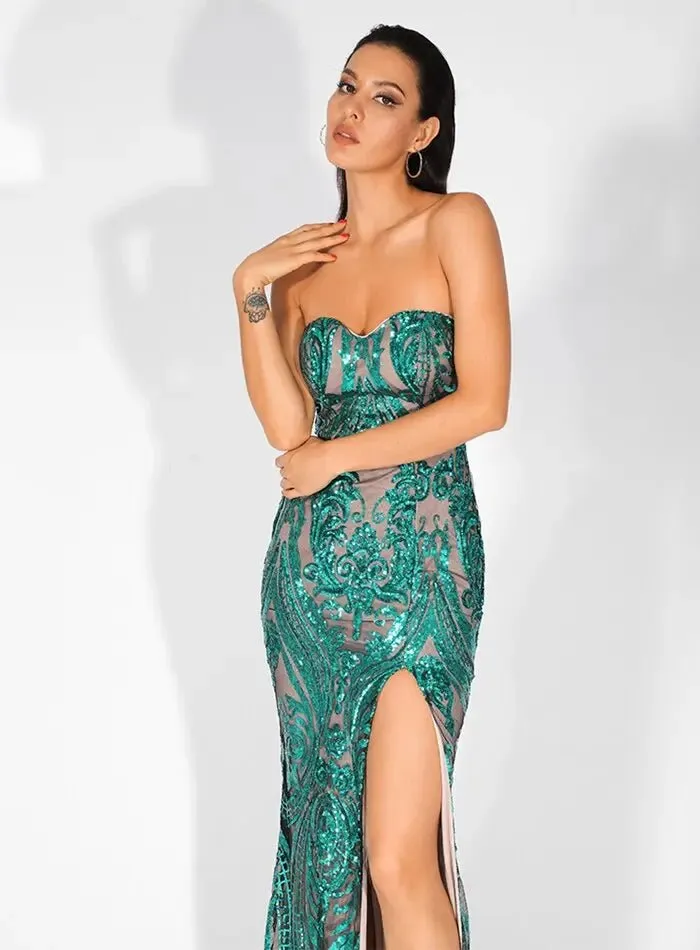 Anna - Green Sequins Bodycon Maxi Dress