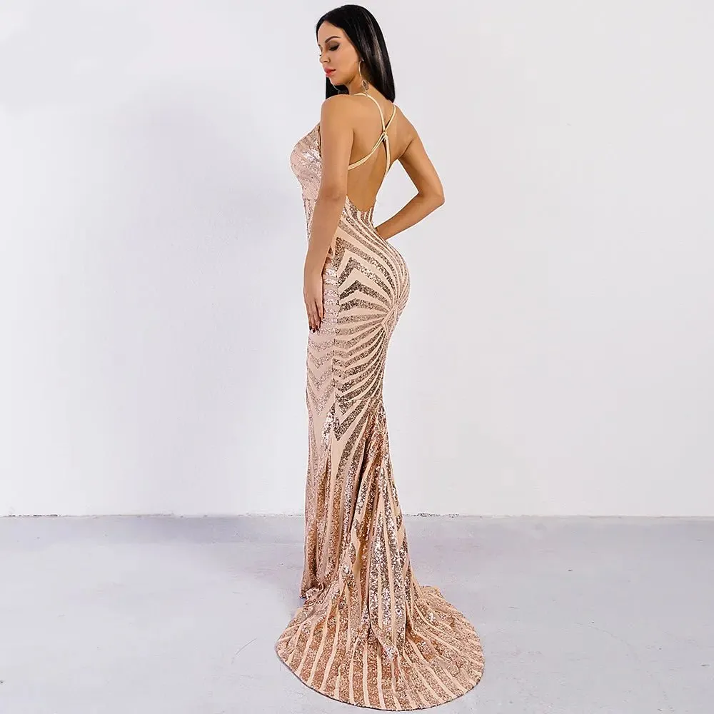 Backless Sequin Bodycon Maxi Dress