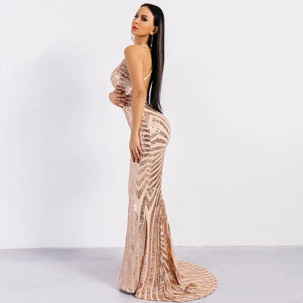 Backless Sequin Bodycon Maxi Dress