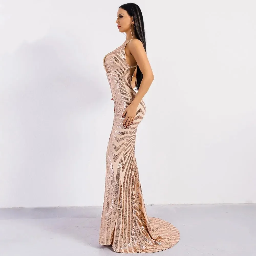 Backless Sequin Bodycon Maxi Dress