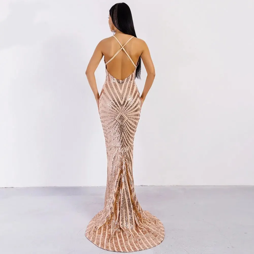 Backless Sequin Bodycon Maxi Dress