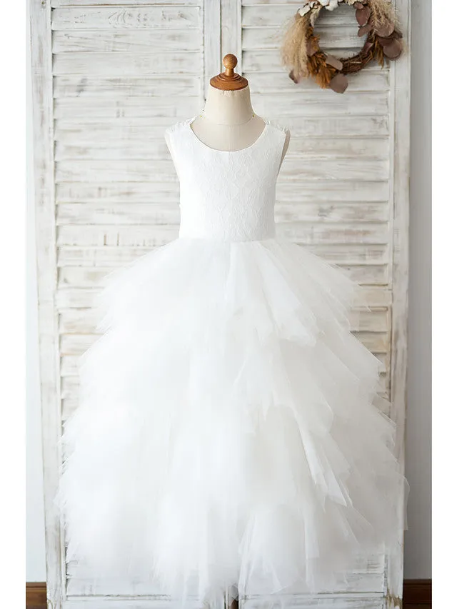 Ball Gown Lace Tulle Sleeveless Jewel Neck Wedding Birthday Flower Girl Dresses