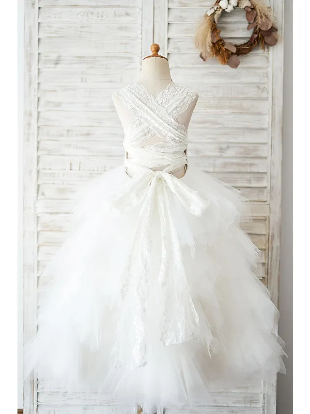 Ball Gown Lace Tulle Sleeveless Jewel Neck Wedding Birthday Flower Girl Dresses