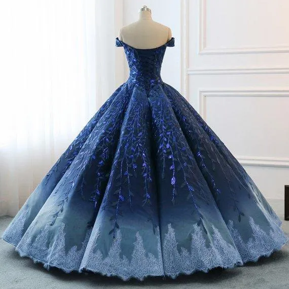 Ball Gown Navy Blue Lace Applique Ombre Off the Shoulder Princess Quinceanera Dresse