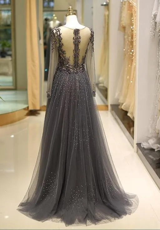 Beaded Prom Dress with Sleeves, Prom Dresses, Evening Dress, Dance Dress, Graduation School Party Gown, PC0390