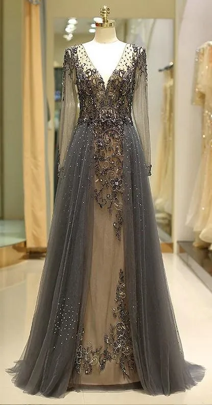 Beaded Prom Dress with Sleeves, Prom Dresses, Evening Dress, Dance Dress, Graduation School Party Gown, PC0390