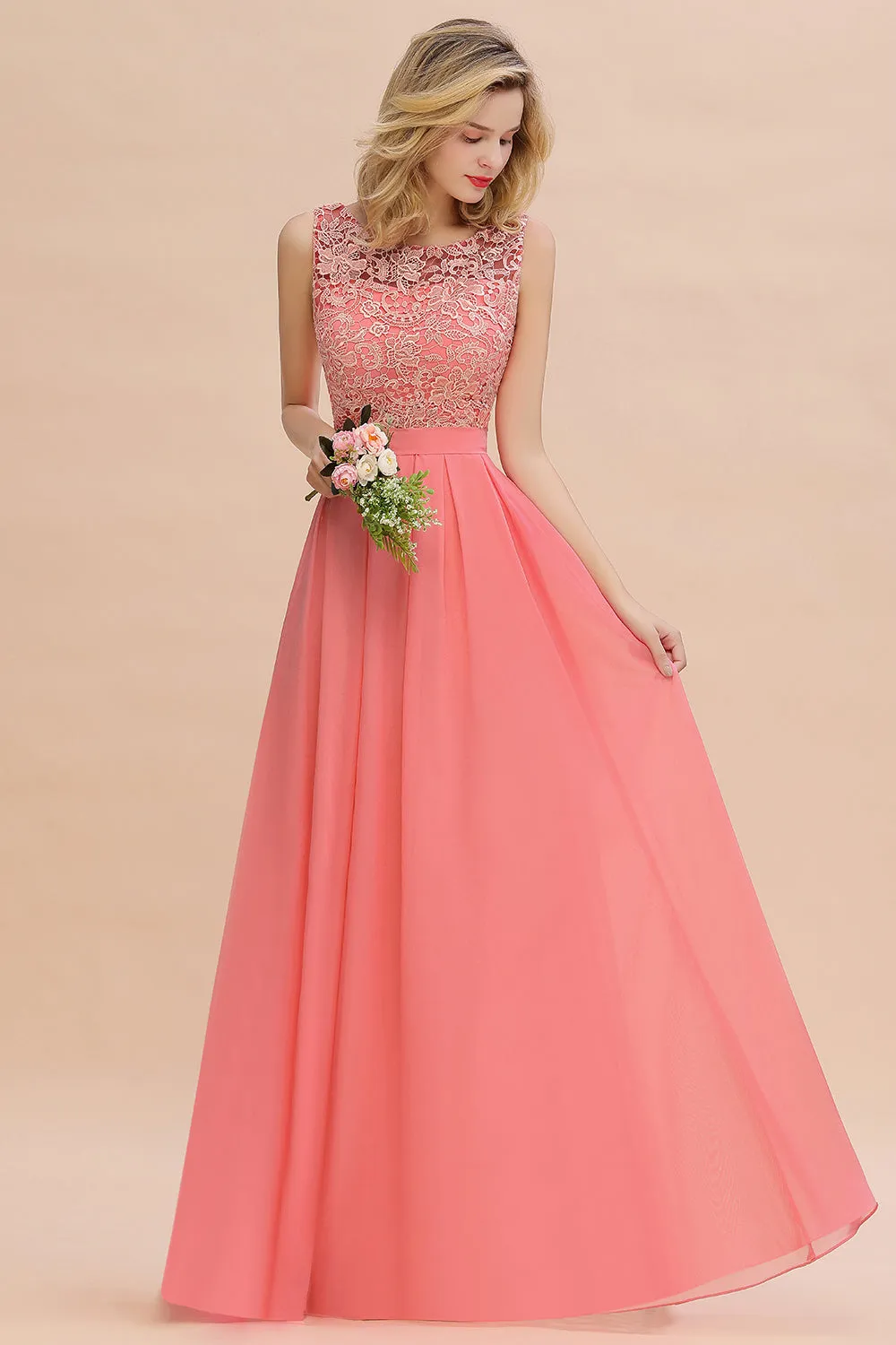 Beautiful Long A-line Bateau Appliques Lace Chiffon Bridesmaid Dress