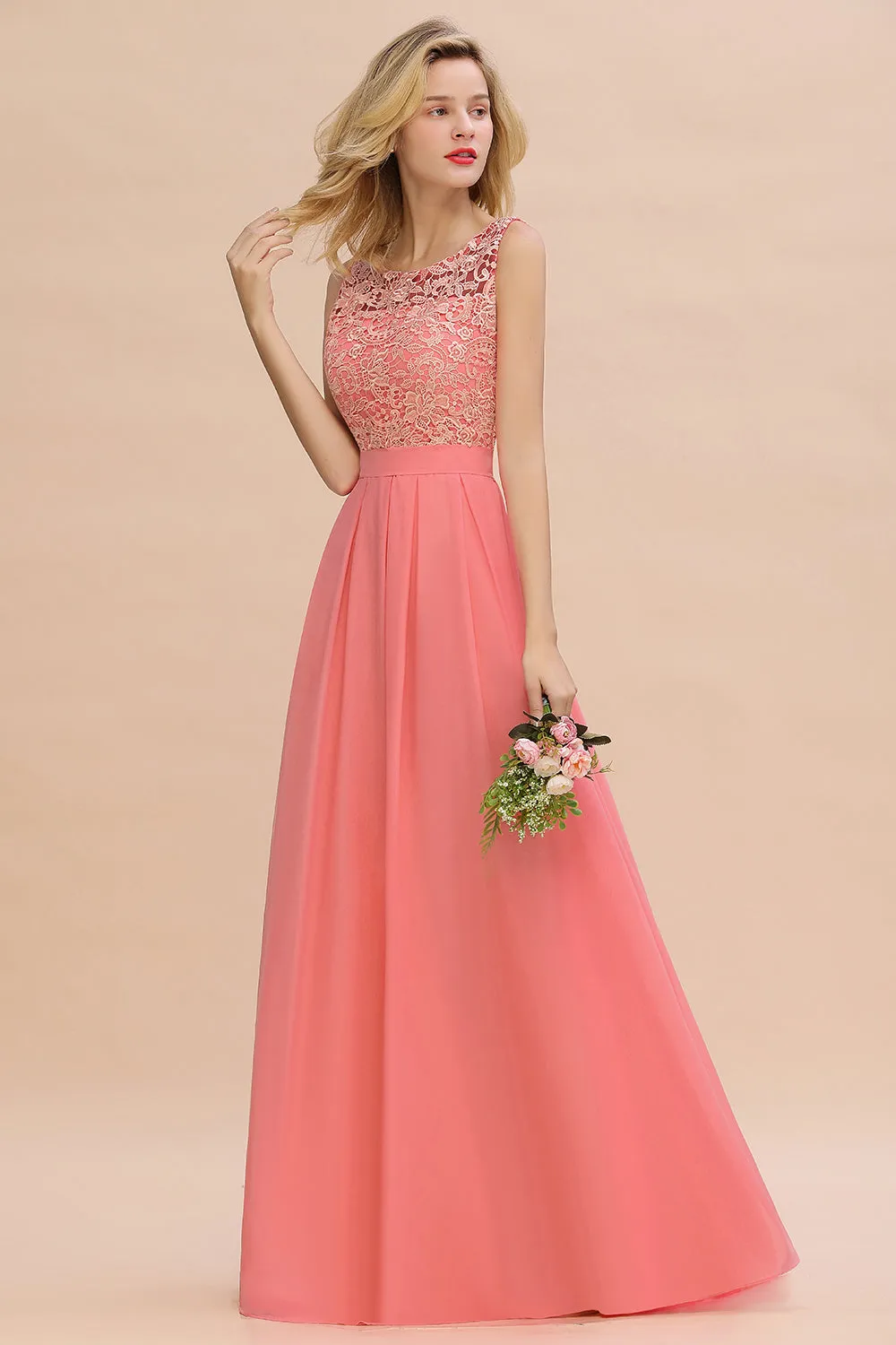 Beautiful Long A-line Bateau Appliques Lace Chiffon Bridesmaid Dress