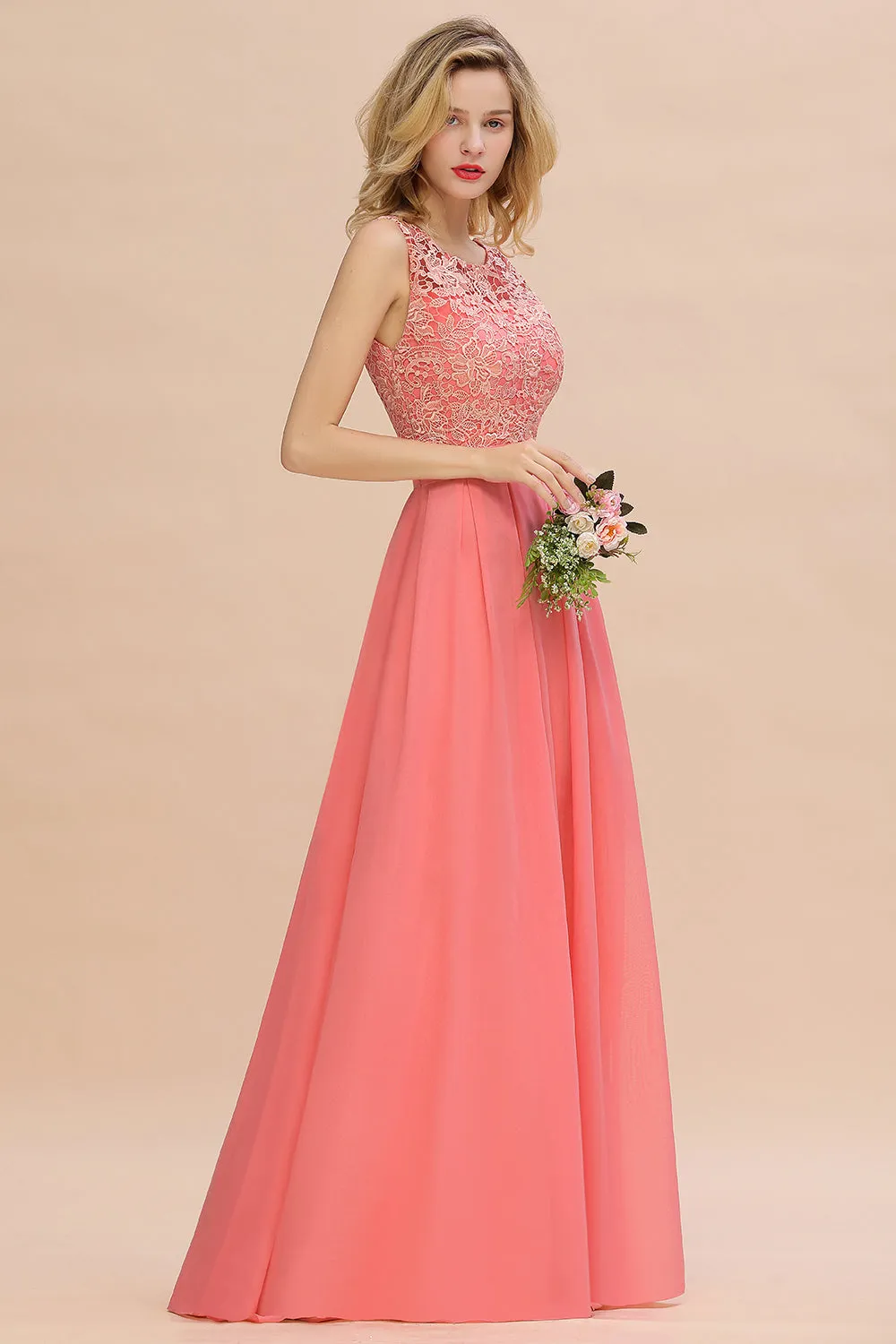 Beautiful Long A-line Bateau Appliques Lace Chiffon Bridesmaid Dress