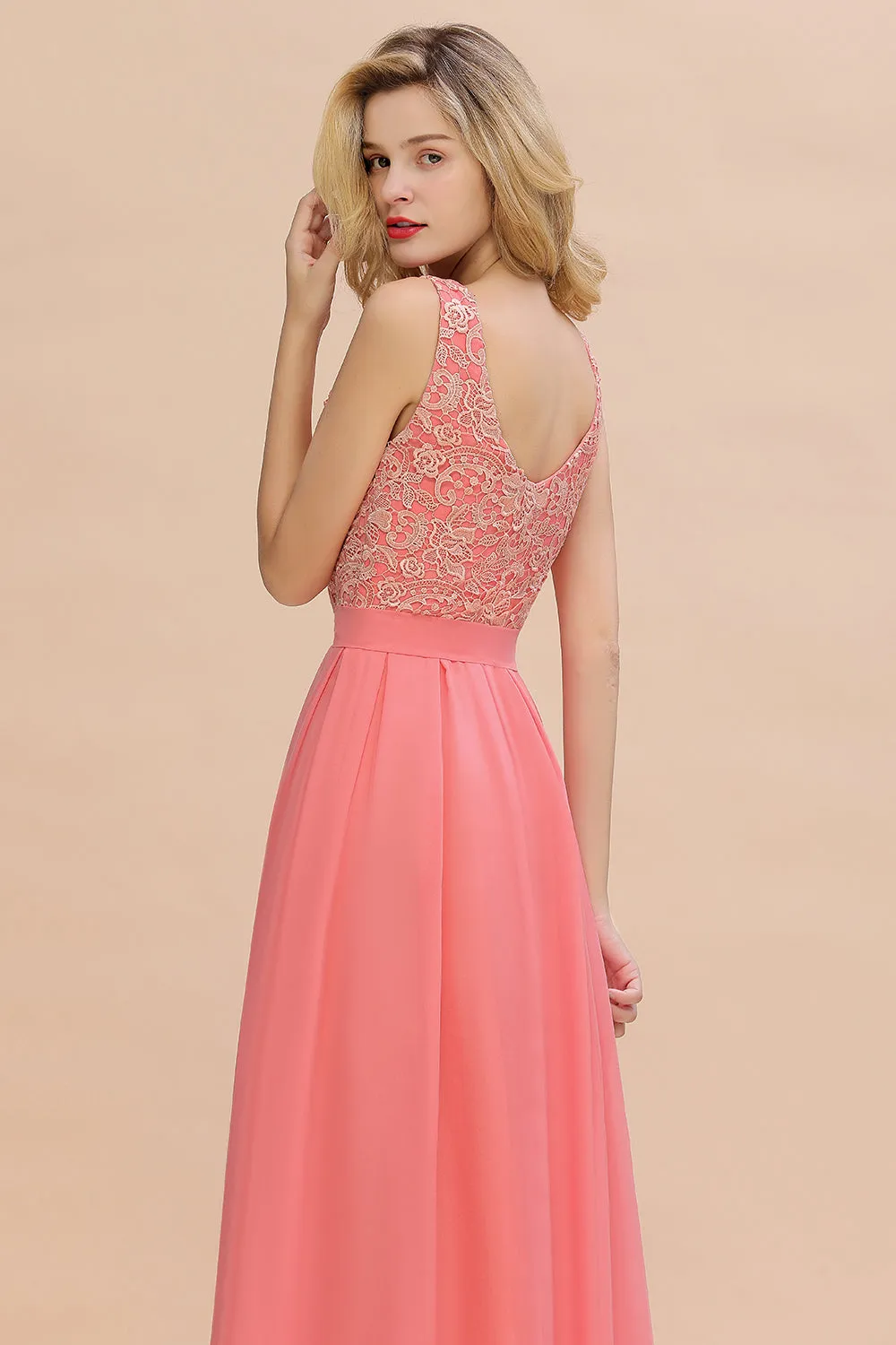 Beautiful Long A-line Bateau Appliques Lace Chiffon Bridesmaid Dress