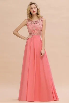 Beautiful Long A-line Bateau Appliques Lace Chiffon Bridesmaid Dress