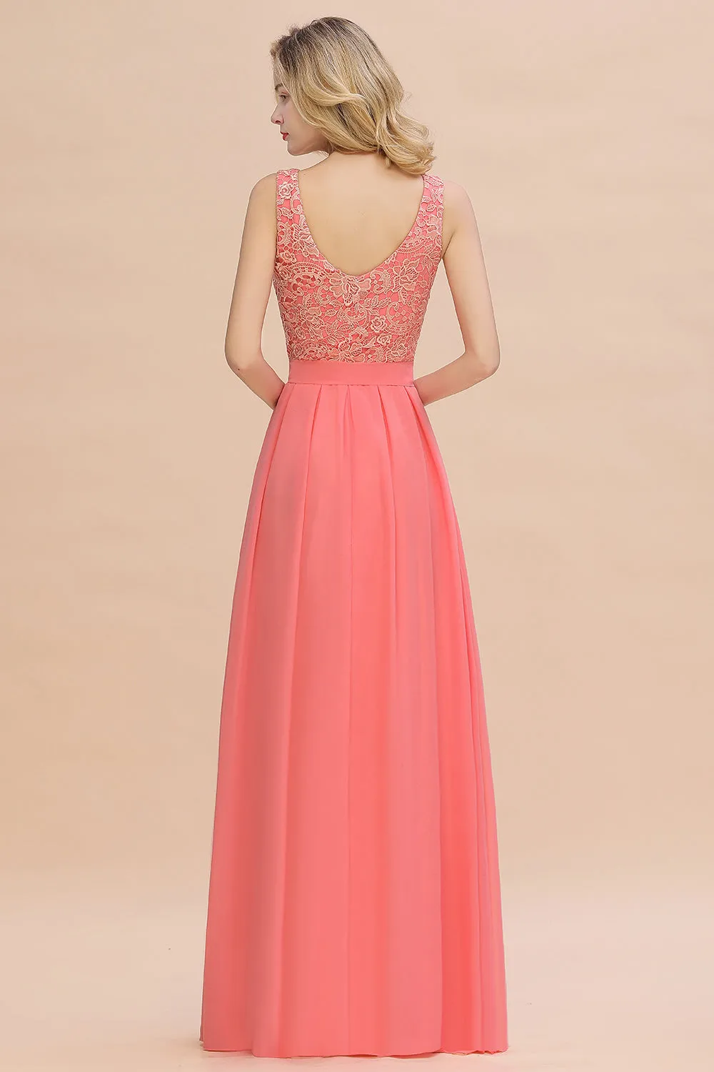 Beautiful Long A-line Bateau Appliques Lace Chiffon Bridesmaid Dress