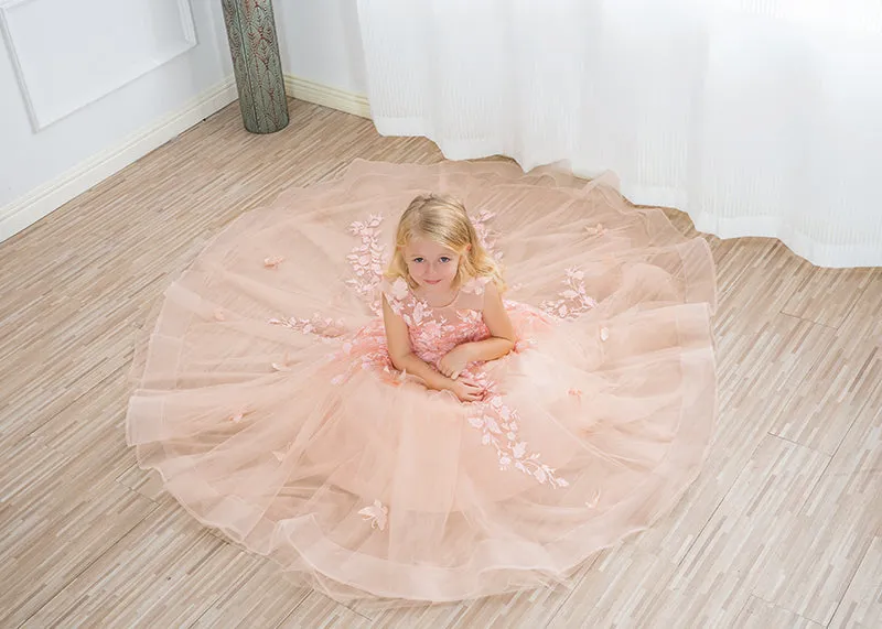 Beautiful Long Ball Gown Tulle Appliques Lace Flower girl dress