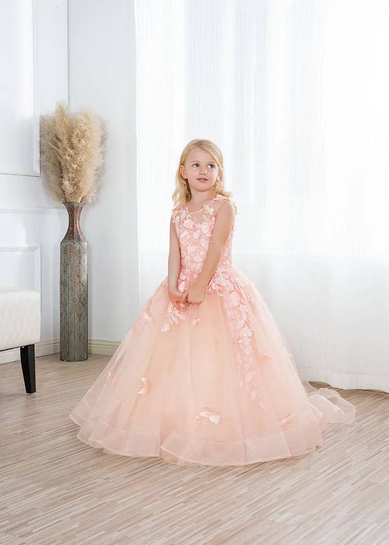 Beautiful Long Ball Gown Tulle Appliques Lace Flower girl dress