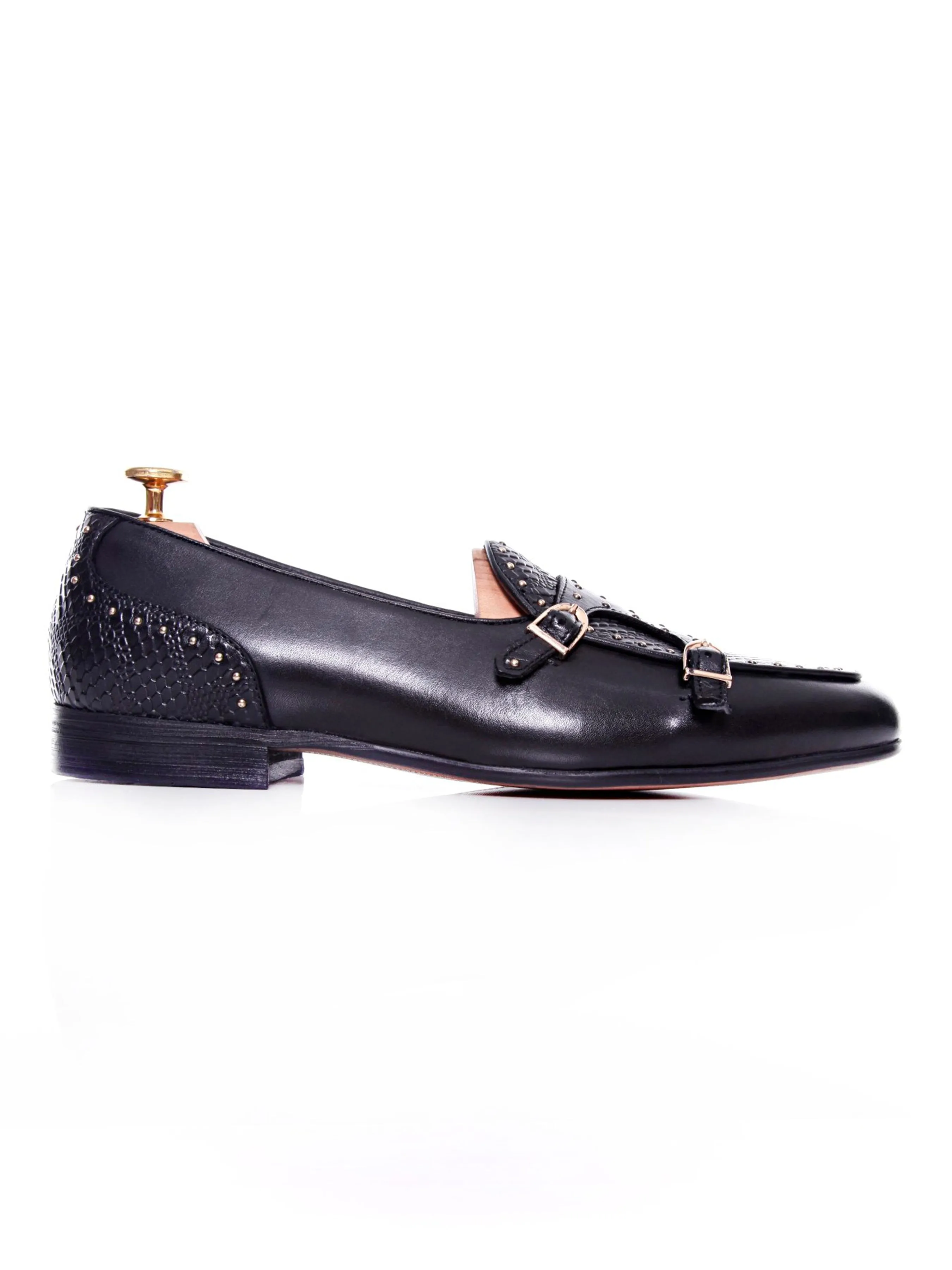 Belgian Loafer - Black Snake Skin Double Monk Strap with Studded