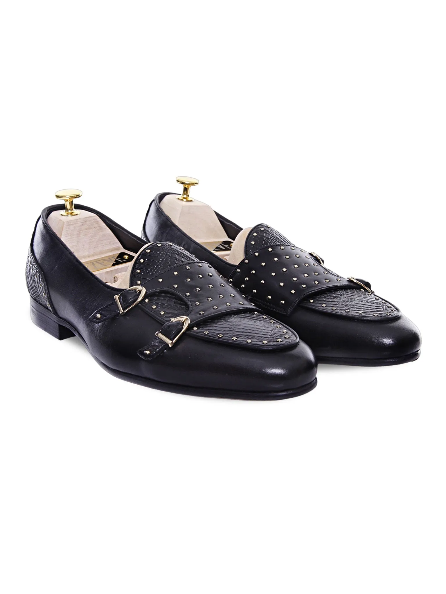 Belgian Loafer - Black Snake Skin Double Monk Strap with Studded