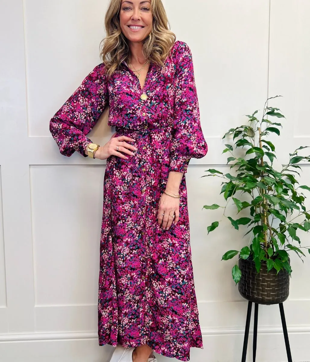 Berry Floral Print Midi Shirt Dress