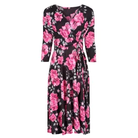 Black And Floral 3/4 Sleeve V Neck Crossover Top Empire Waist Tea Dress