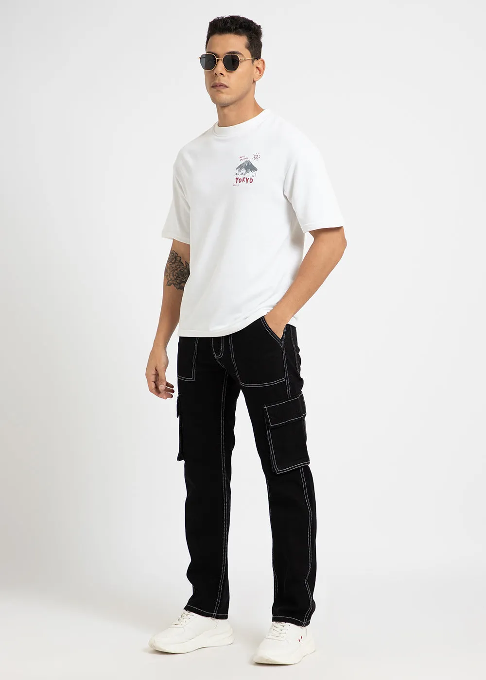 Black Contrast Stitched Denim Cargo