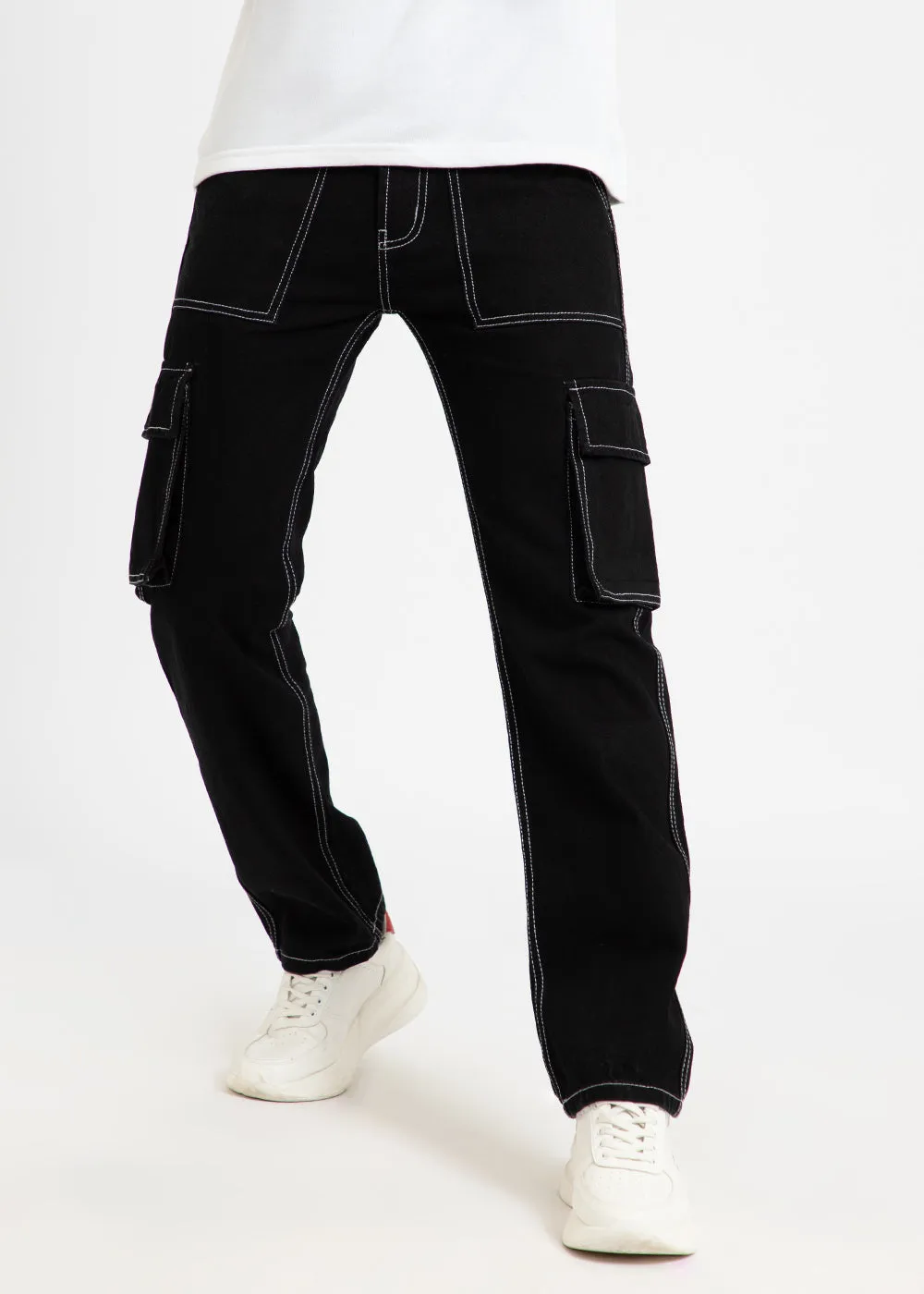 Black Contrast Stitched Denim Cargo