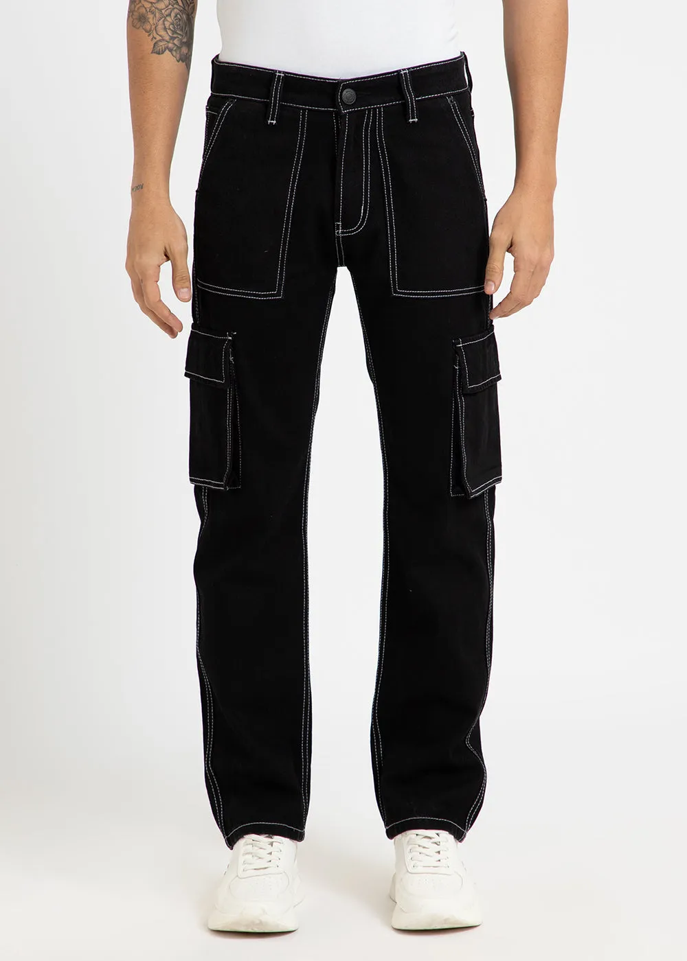 Black Contrast Stitched Denim Cargo