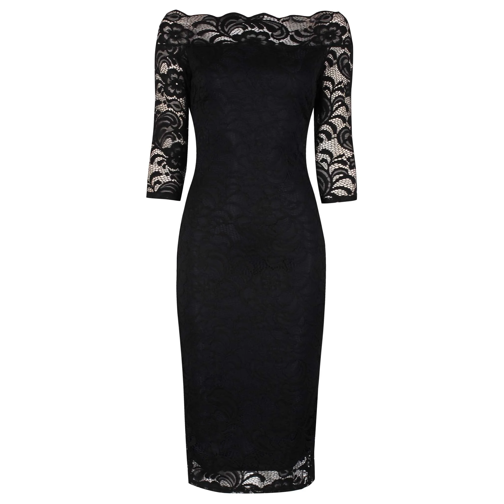 Black Lace 3/4 Sleeve Vintage Bardot Bodycon Wiggle Dress